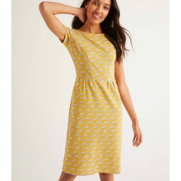 Boden Phoebe Short Sleeve Dress Womens 12 Long Mustard Yellow Cheetah Cat Print - Picture 1 of 10